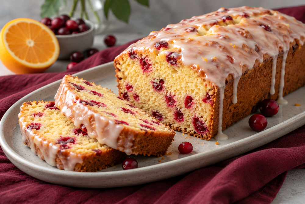 Glazed cranberry orange loaf and two slices on a gray platter over burgundy linen.
