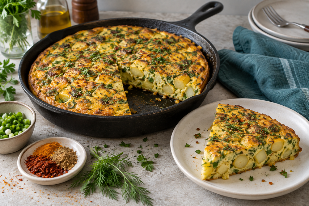 A potato and herb frittata in a cast iron skillet with a cut wedge on a white plate.