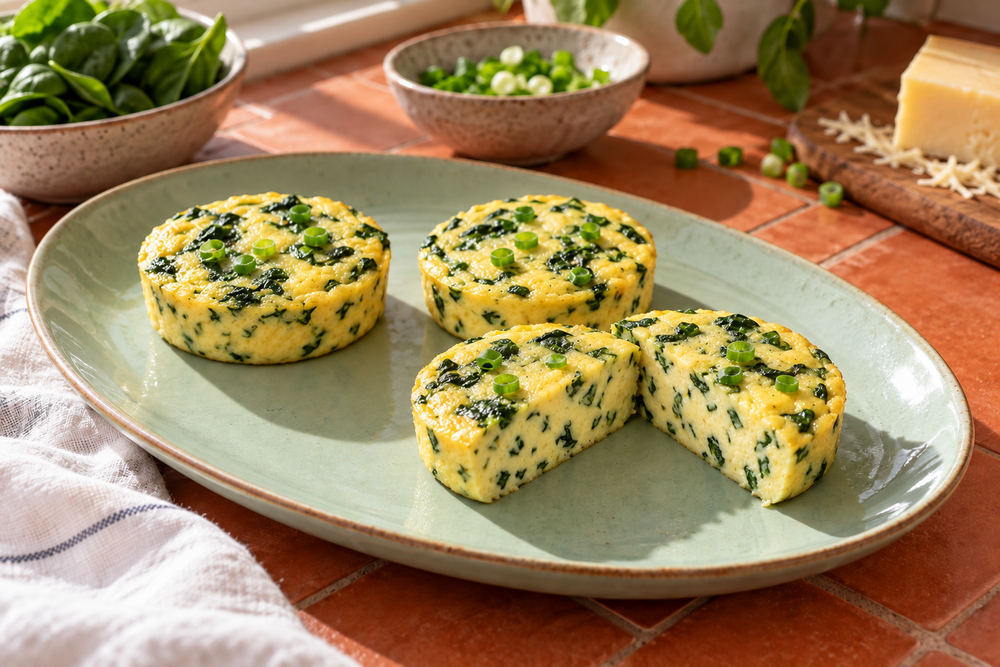 Small spinach egg bites with smooth yellow interiors on a mint plate over terracotta tiles.