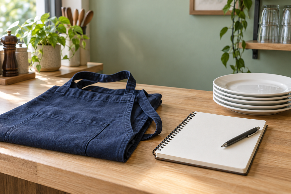 Folded restaurant apron, blank notebook and plates on a service counter