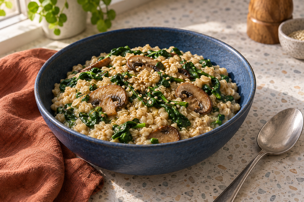 Creamy oats with brown mushrooms and spinach in a blue bowl on a pale counter.