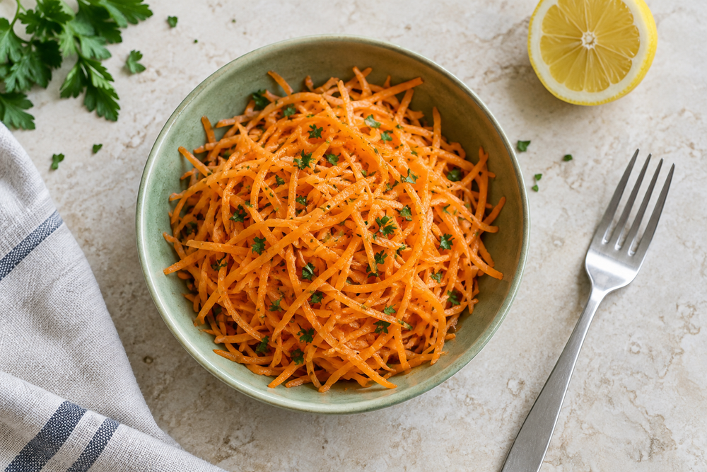 Finely grated carrot salad with parsley in a pale green bowl beside a lemon.