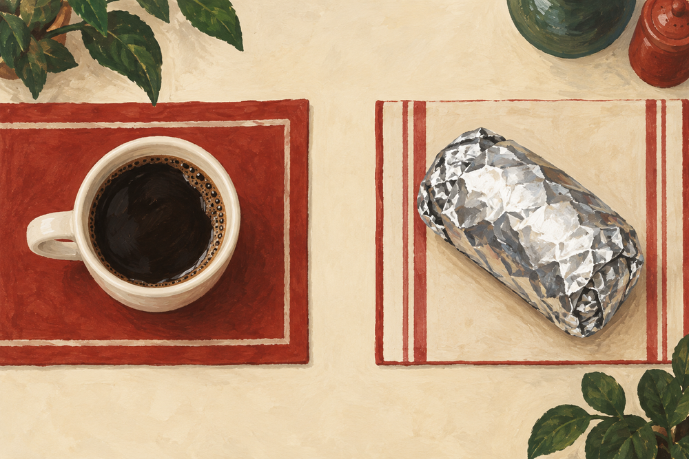 Painted coffee cup and wrapped burrito on separate placemats.