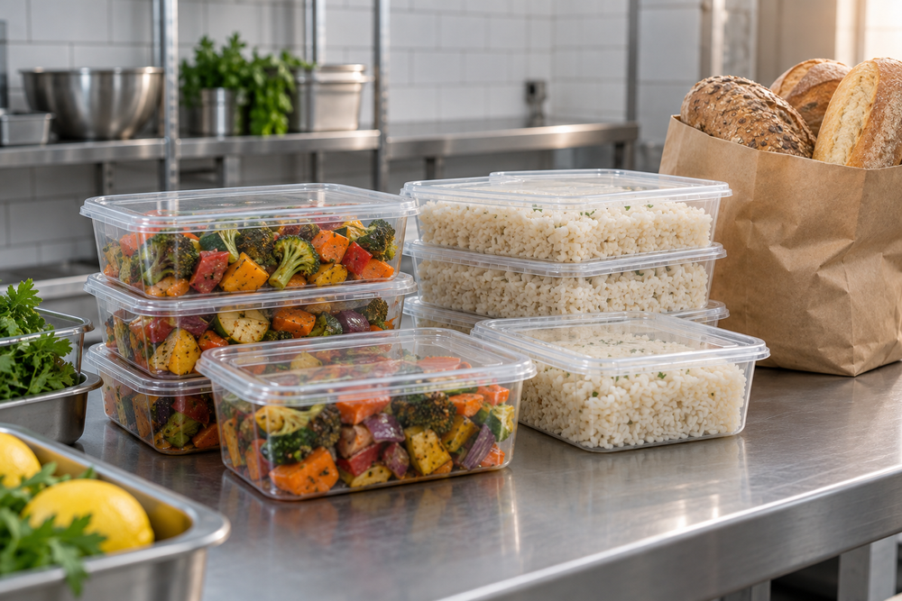 Closed containers of prepared food and a bread bag on a stainless steel counter