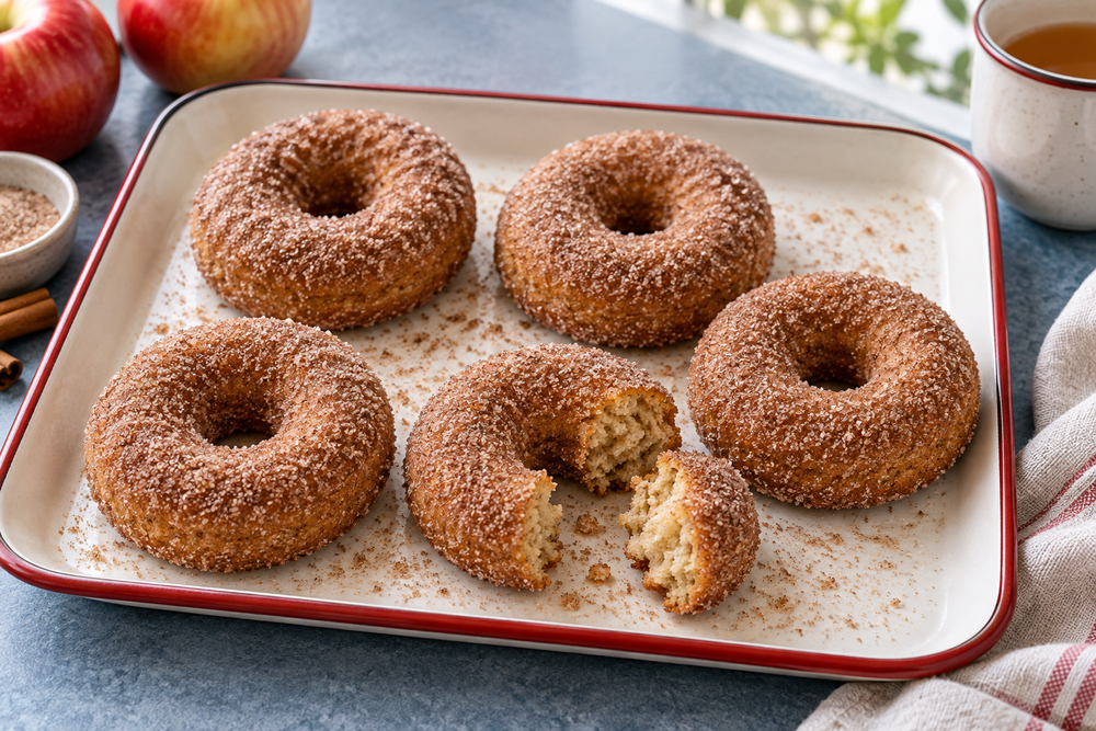 Cinnamon-sugar cake doughnuts on a red-rimmed enamel tray with one broken open