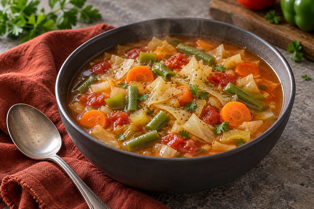 Cabbage vegetable soup with carrots, green beans and tomatoes in a dark ceramic bowl