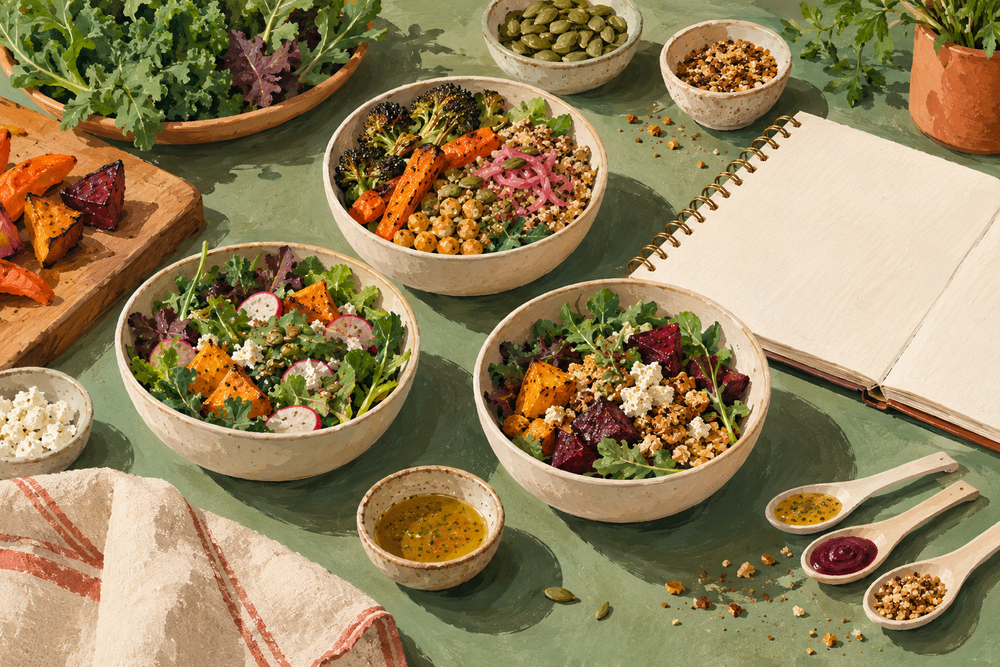 Illustrated salad tasting bowls and a blank recipe notebook on a green kitchen worktop