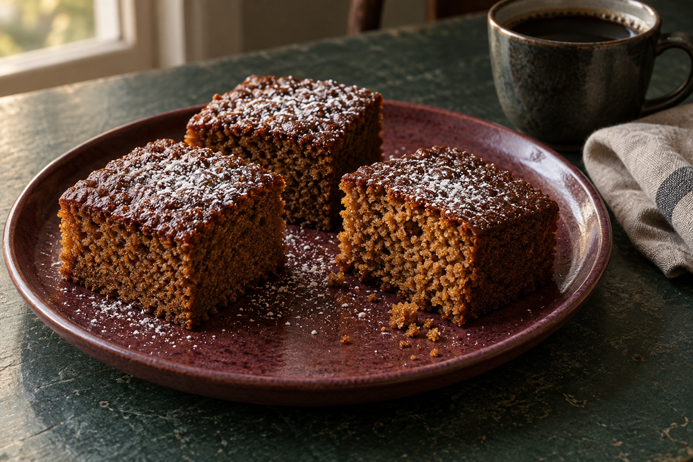 Three squares of brown gingerbread with a light sugar dusting on a burgundy platter.