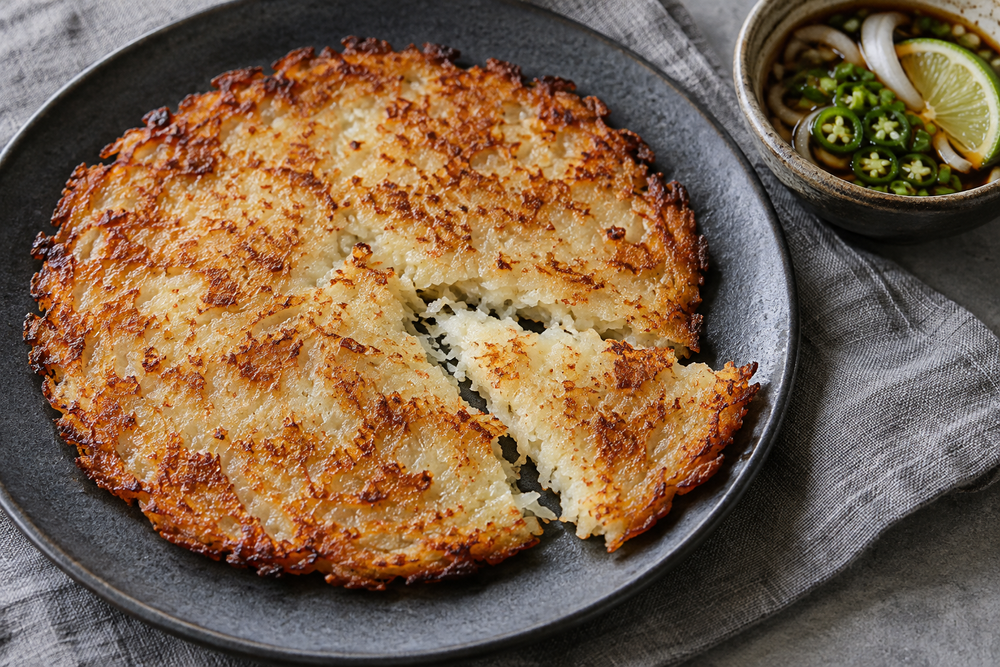 Golden Korean potato pancake on a charcoal plate with onion and jalapeno soy dipping sauce