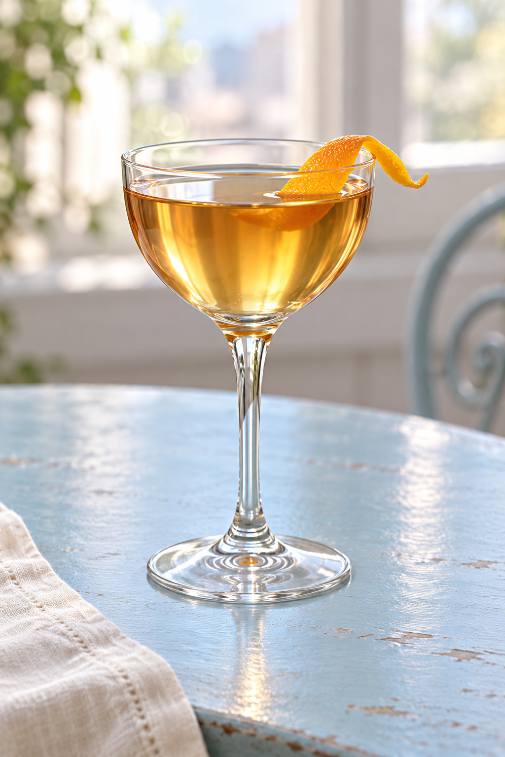 Amber Gypsy Queen with an orange twist in a stemmed glass on a pale blue table.