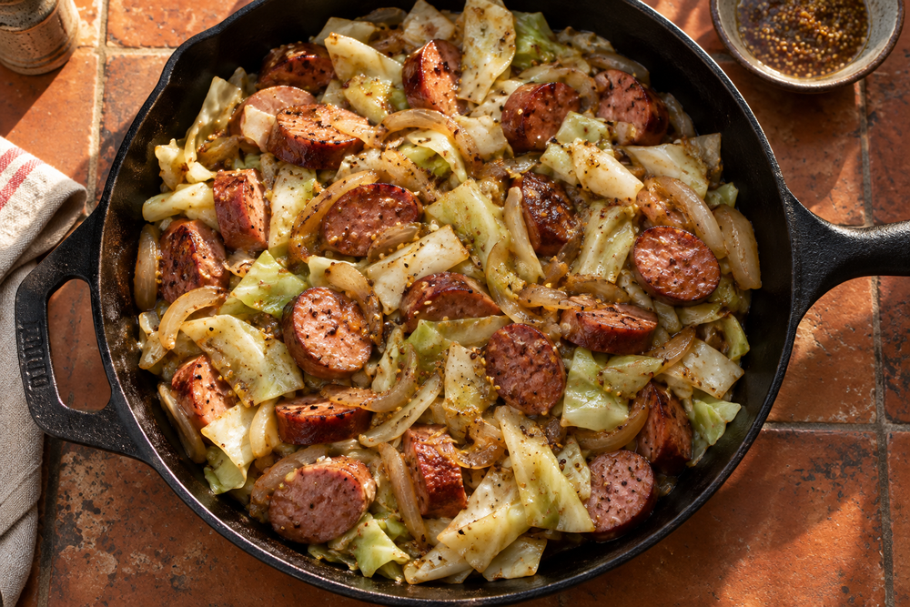 Browned kielbasa and tender cabbage in a black skillet on terracotta tile