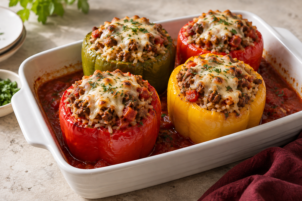 Baked Peppers With Beef, Sausage and Rice