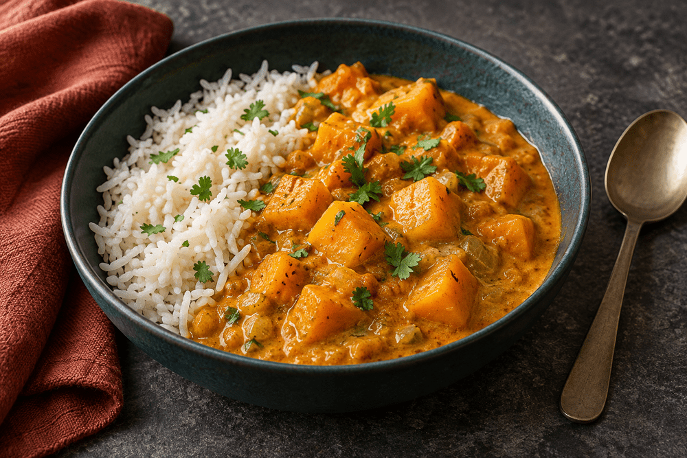 Pumpkin cubes in golden coconut curry beside white rice in a dark teal bowl