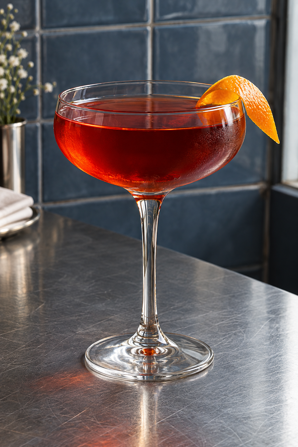 Red-amber Old Pal cocktail with an orange twist on a steel table against blue tiles