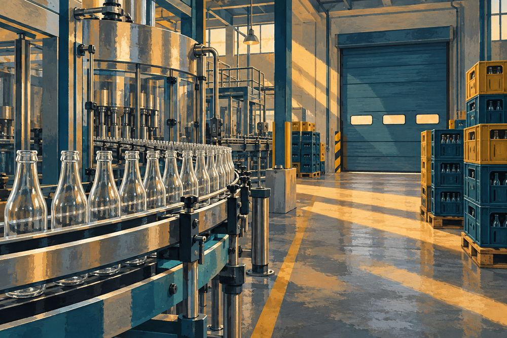 Conceptual painted bottling line and beverage crates in an unbranded industrial interior.
