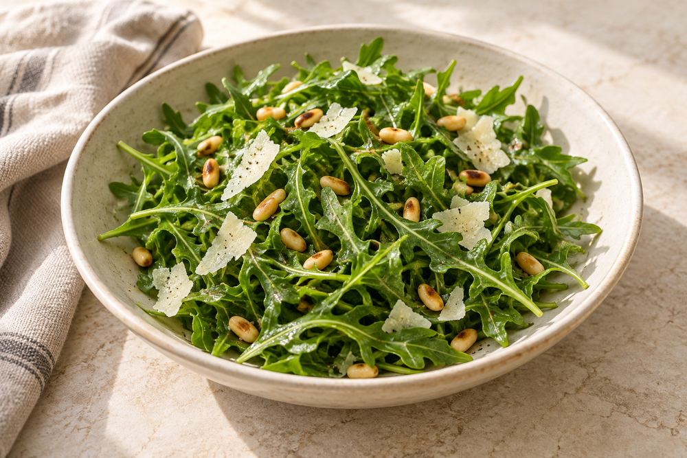Arugula salad with shaved Parmesan and toasted pine nuts