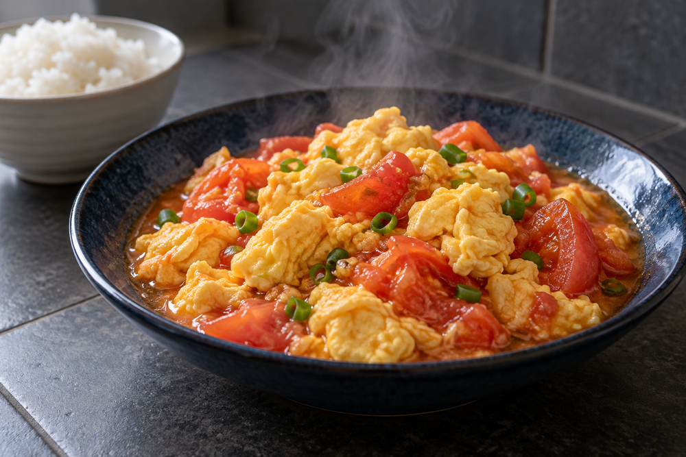 Soft scrambled eggs and red tomato wedges with scallions in a dark blue bowl.