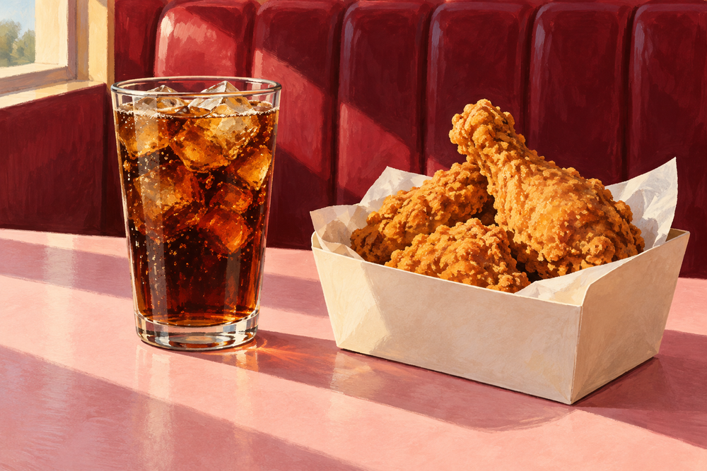 Gouache illustration of cola and fried chicken on a pink table with a burgundy booth.