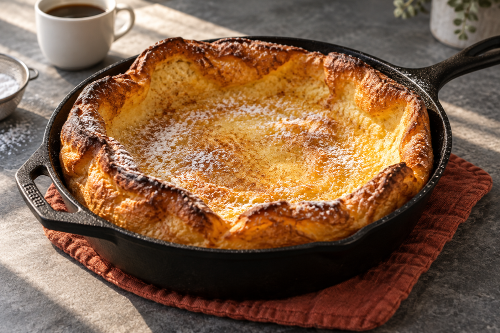 A puffed golden Dutch baby dusted with powdered sugar in a black skillet.