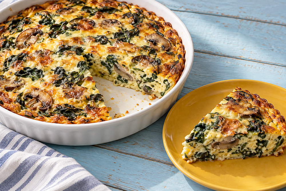 Crustless spinach and mushroom quiche with a cut wedge on a yellow plate
