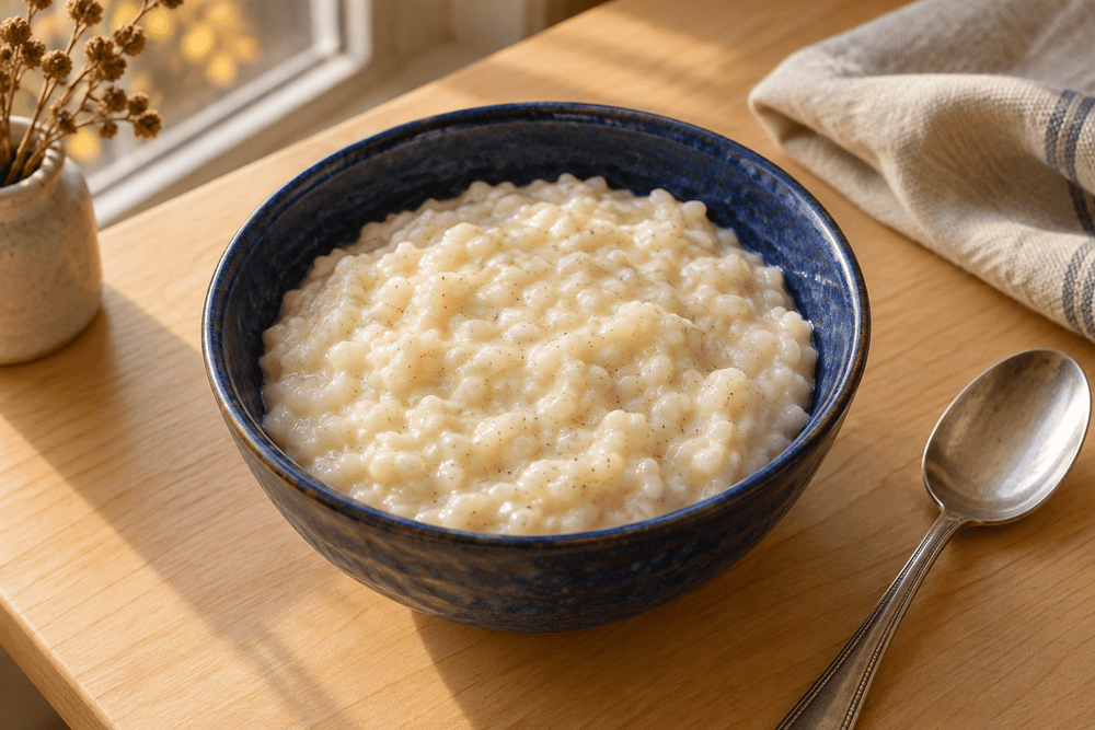 Creamy vanilla rice pudding in a cobalt bowl on a maple table.