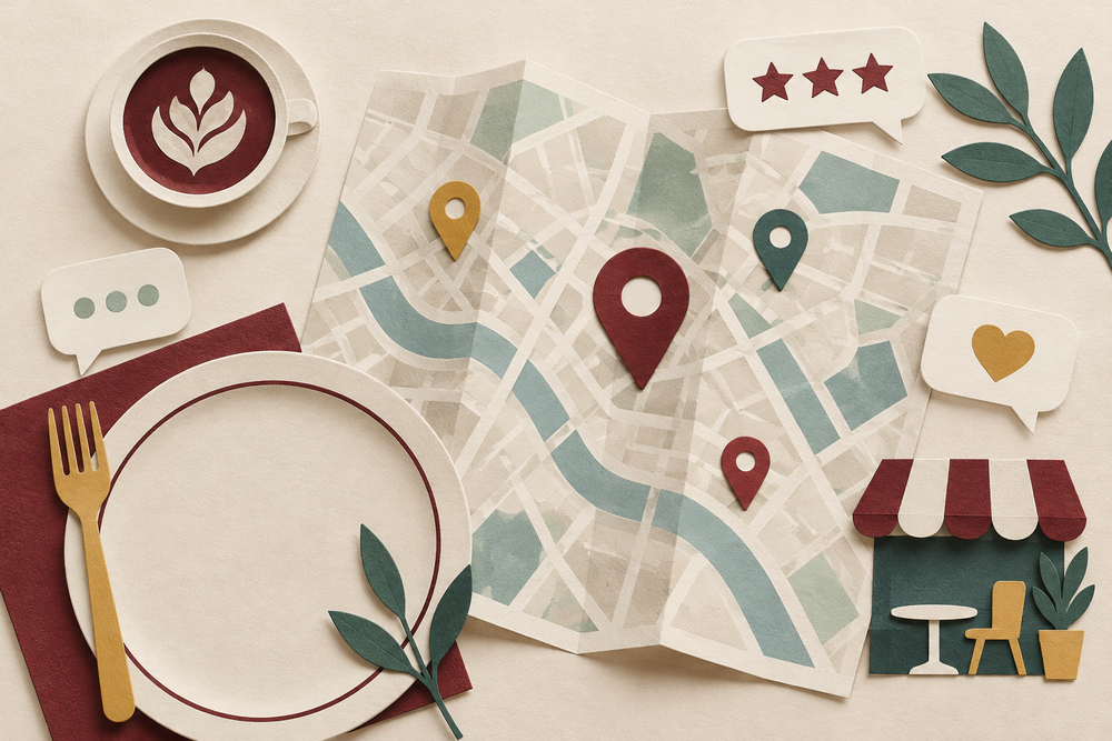 Paper illustration of a dining map, location pins and a plate