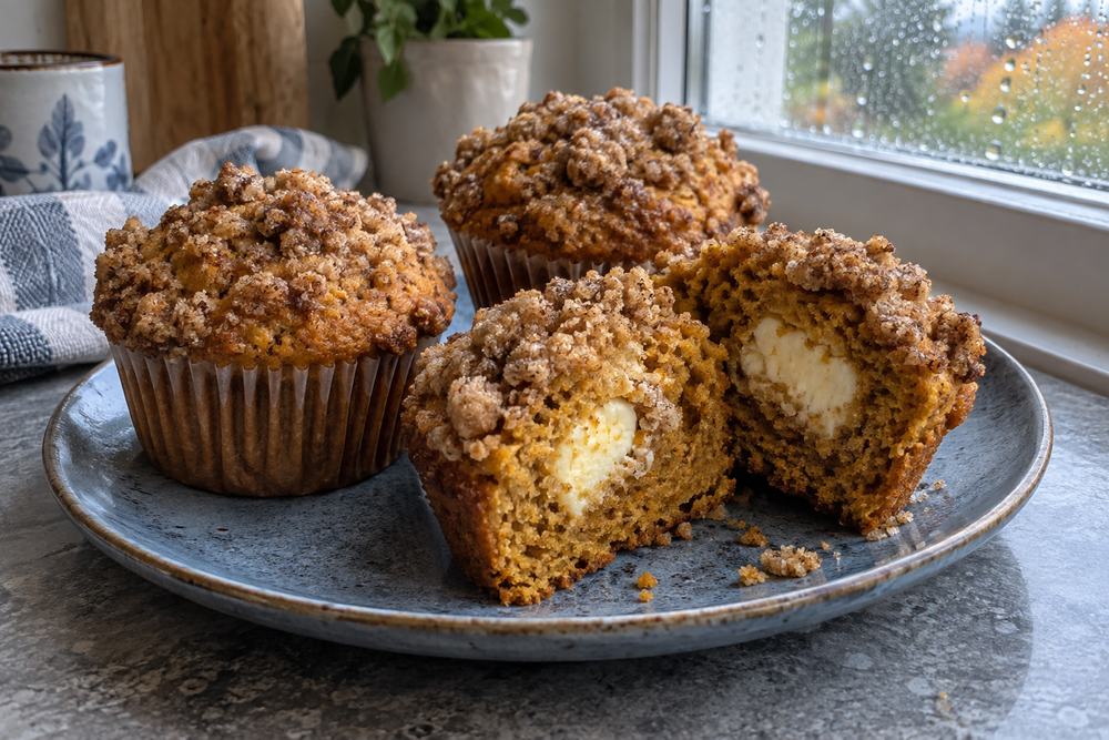 Pumpkin muffins with crumb topping and a visible cream cheese center on a blue-gray plate