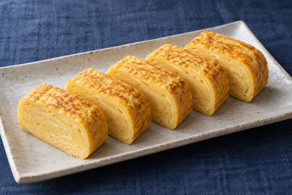 Golden Japanese rolled omelet slices on a ceramic plate