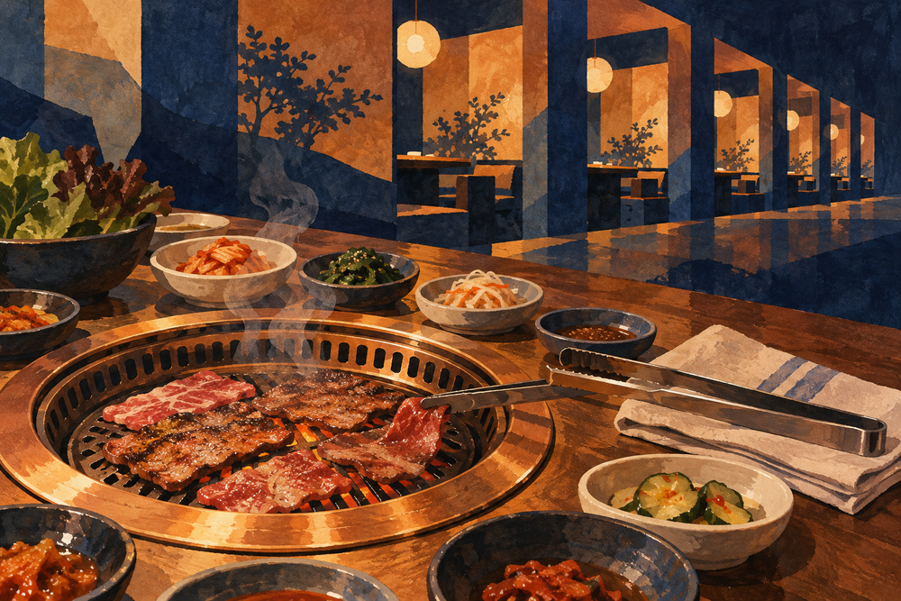 Painted Korean barbecue grill and banchan bowls against an abstract navy-and-ochre restaurant backdrop.