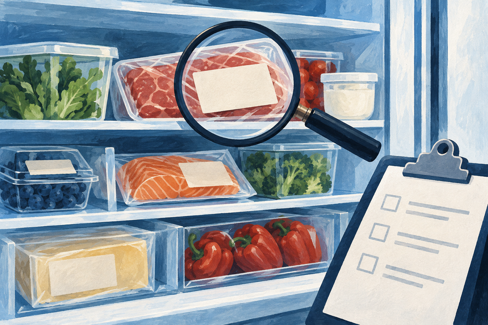 Conceptual blue refrigerator shelf with generic packages, a blank label and magnifying glass.