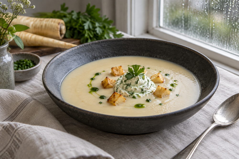 Ivory parsnip soup with green parsley cream and golden parsnip cubes in a dark bowl.