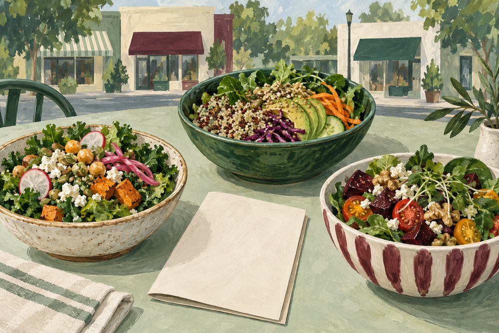 Painted salad bowls on a cafe table with a generic storefront in the background.
