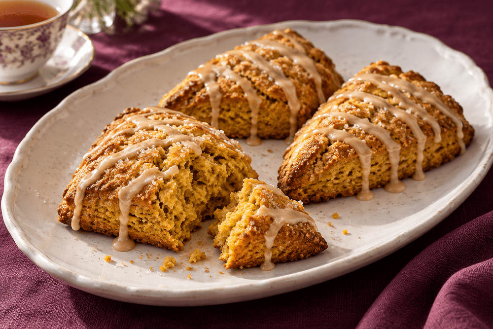 Triangular pumpkin scones with maple glaze on a white platter over plum linen.