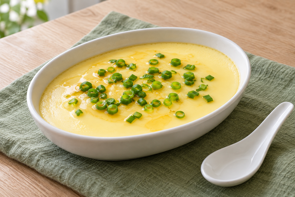 Smooth steamed egg custard topped with scallions in a shallow white bowl