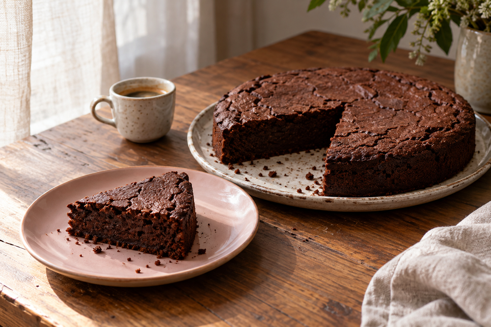 A dark chocolate buckwheat cake and a cut slice on a pale pink plate beside espresso.