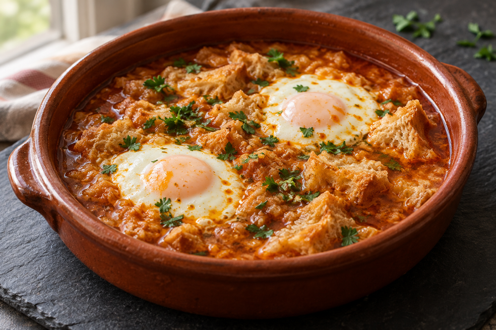 Paprika-colored garlic and bread soup with two poached eggs in a terracotta casserole