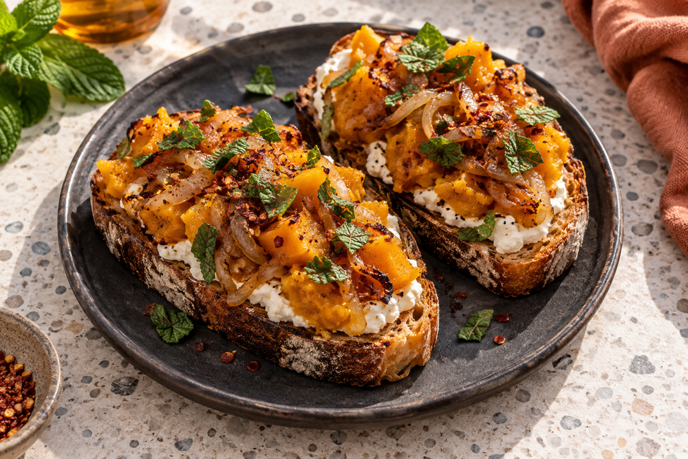 Rustic toast topped with ricotta, orange squash, soft onions and mint on a charcoal plate