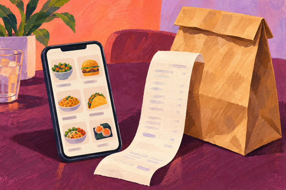 Painterly phone, takeaway bag and blank receipt illustrating restaurant order costs.