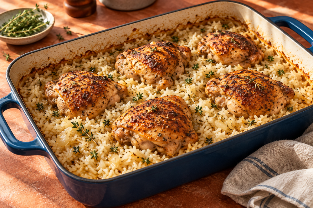 Paprika-seasoned chicken thighs on rice in a blue enamel baking dish on a terracotta counter.