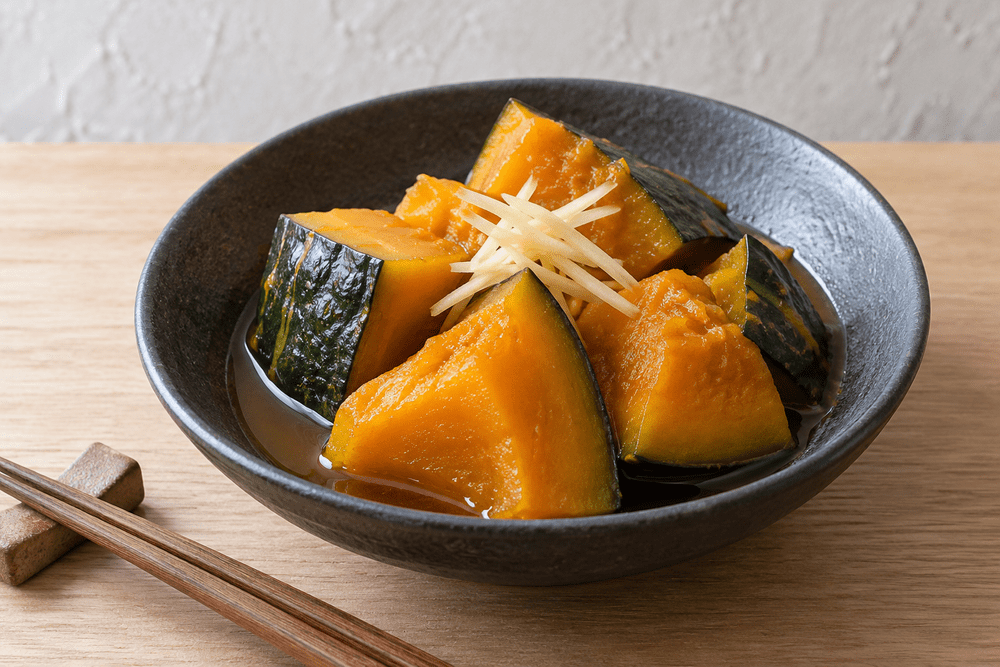 Orange kabocha pieces with green skin and fine ginger strips in a charcoal bowl.