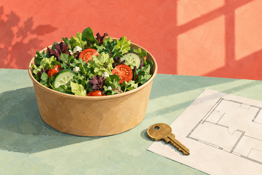 Gouache illustration of a salad bowl beside a brass key and a simple floor plan.