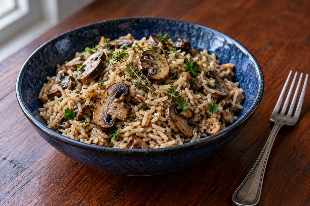 Long-grain mushroom rice with herbs in a blue bowl on a walnut table