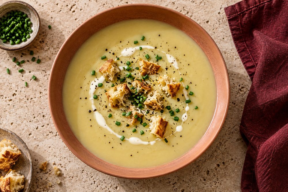 Smooth potato and leek soup with croutons, cream and chives in a terracotta bowl
