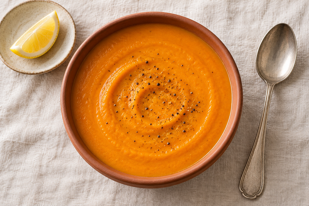 Smooth orange roasted carrot soup with black pepper in a terracotta bowl on ivory linen.