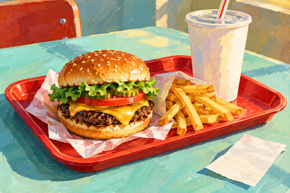Painterly generic burger, fries and drink on a red tray illustrating a bundled meal.
