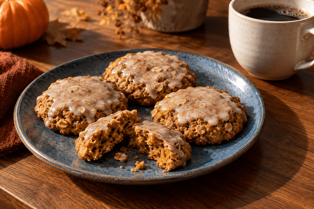 Glazed pumpkin oatmeal cookies on a blue plate beside coffee on a walnut table.