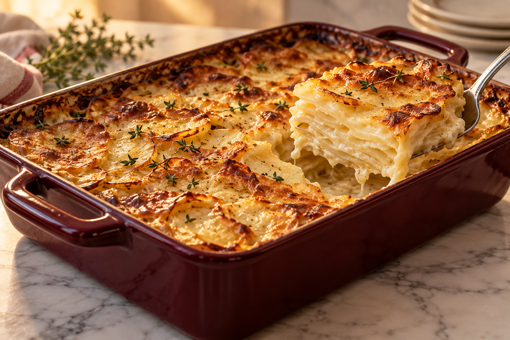 Golden potato gratin with thin creamy layers and thyme in a burgundy baking dish