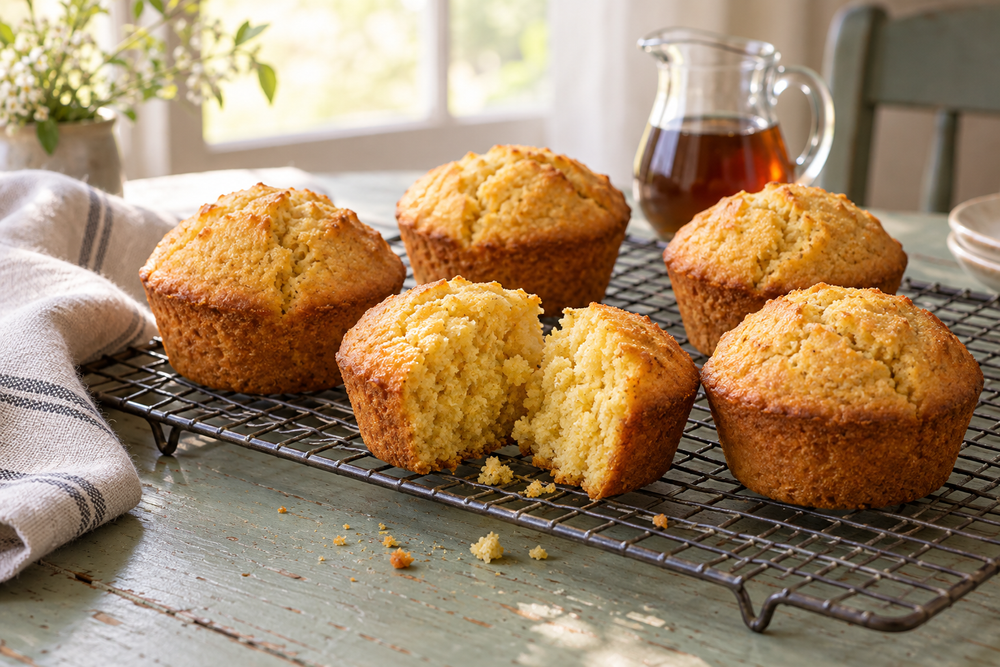 Golden cornmeal muffins on a cooling rack, one split to show the yellow crumb