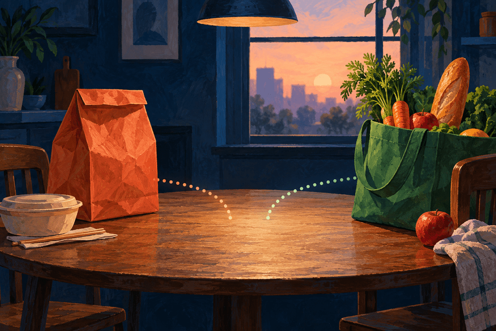 Painted takeout bag and grocery tote connected by interrupted dotted paths across a kitchen table