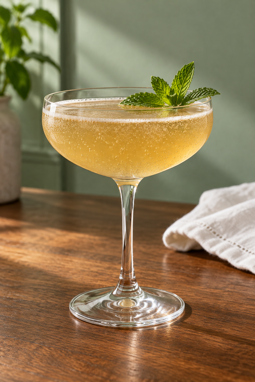 Golden Old Cuban cocktail with fine bubbles and mint in a coupe on a walnut table
